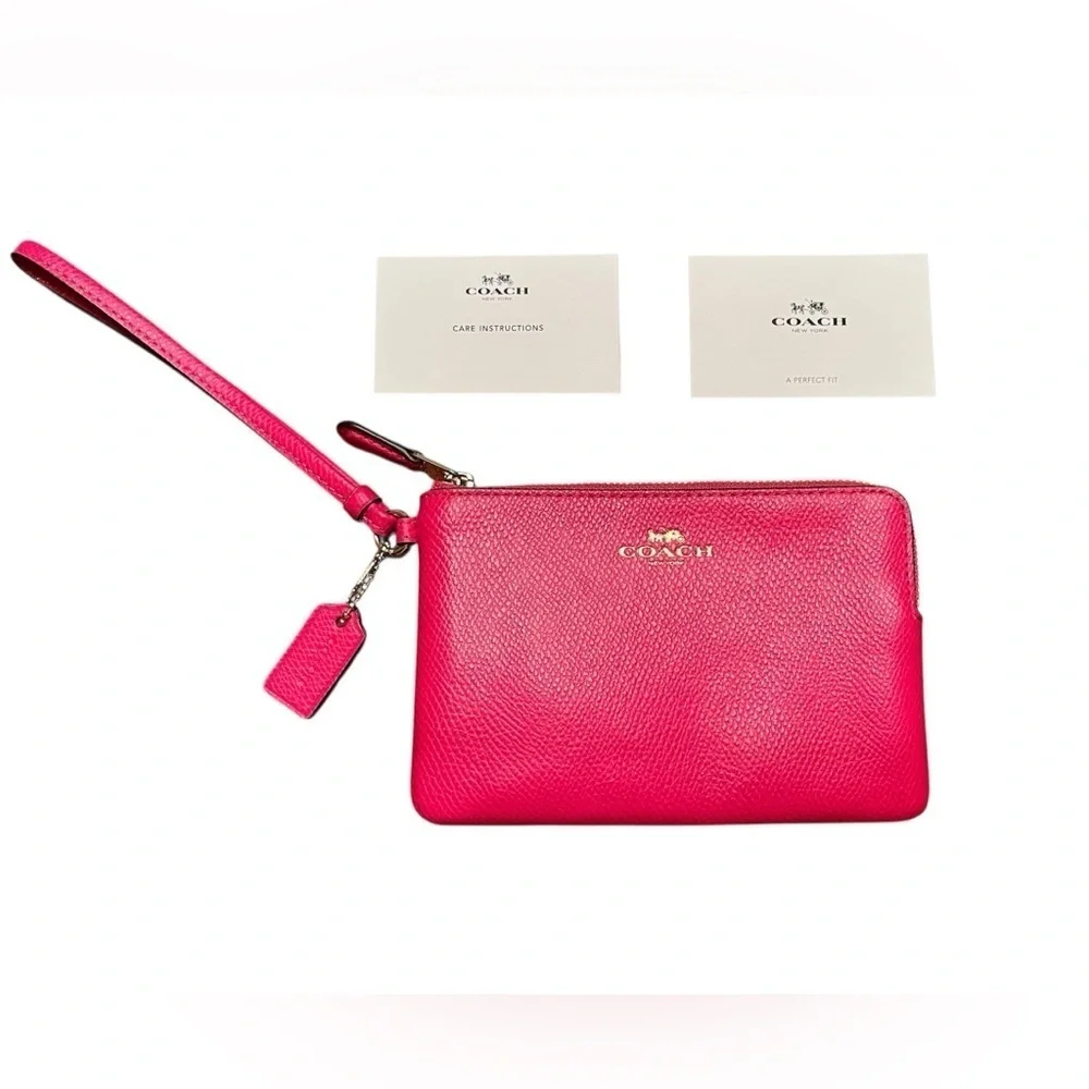 Coach Corner Zip Wristlet 6.25” x 4” x .5” - Cerise (fuchsia) with hang tag